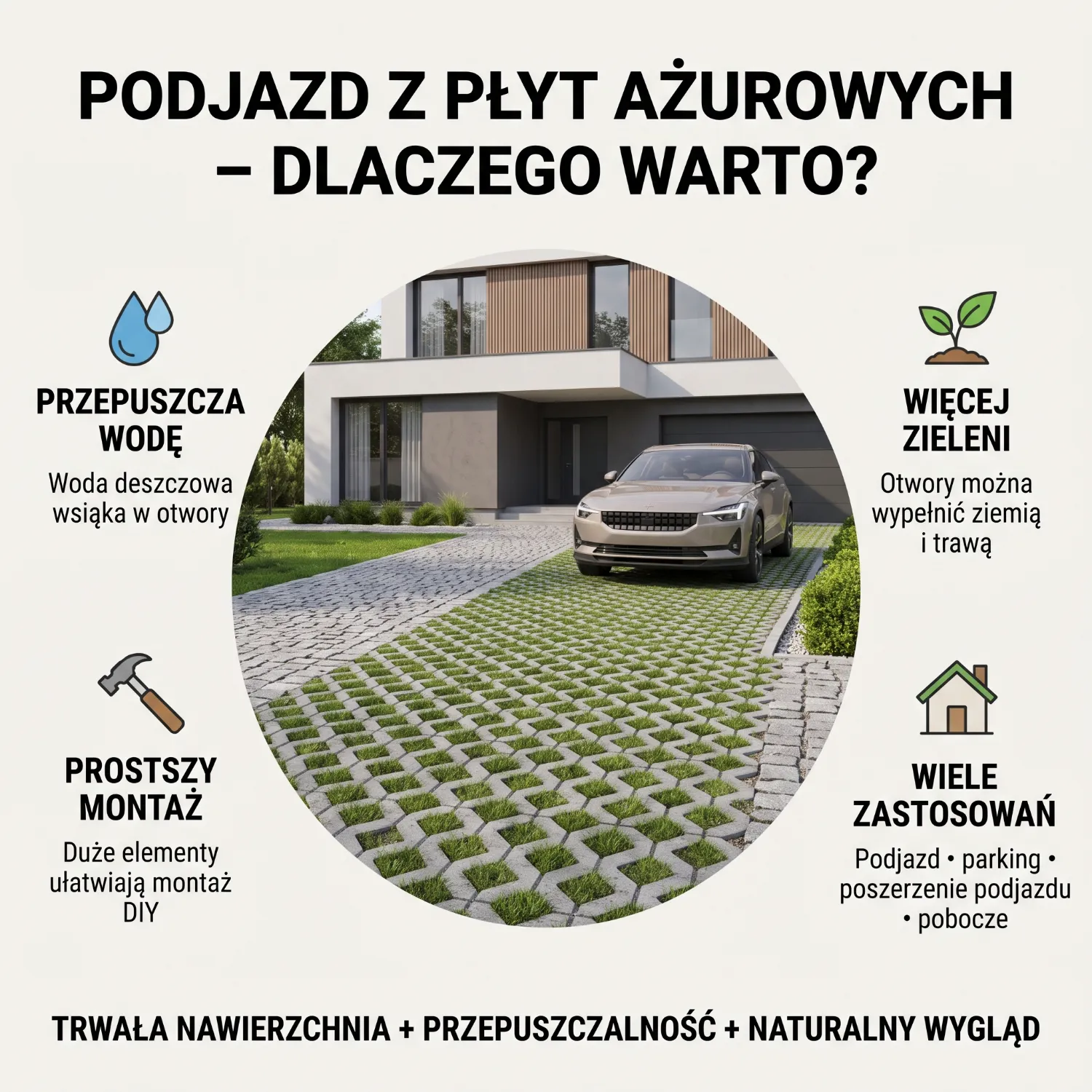 Podjazd do domu jednorodzinnego wykonany z betonowych płyt ażurowych wypełnionych trawą, ekologiczna nawierzchnia